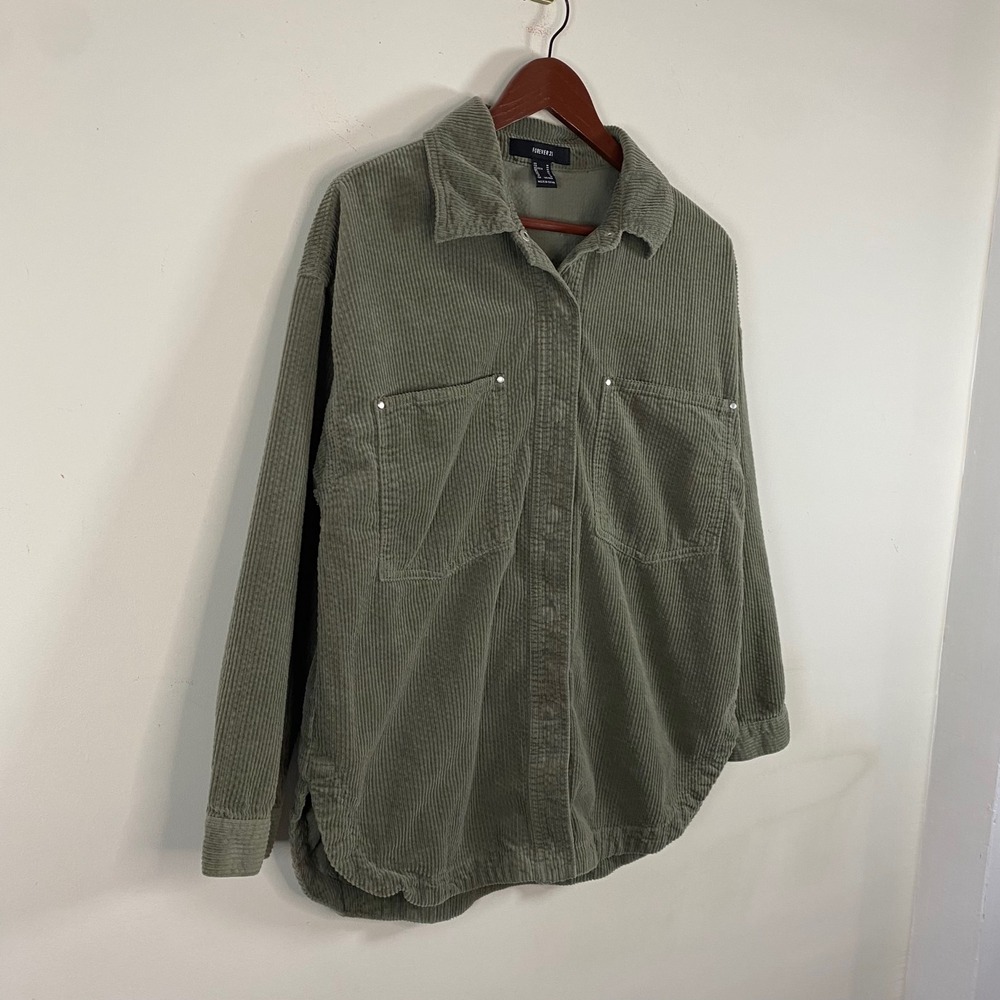 Forever 21 Corduroy Button Up Shirt Olive Green Snap Buttons Size Medium Western - Picture 3 of 7